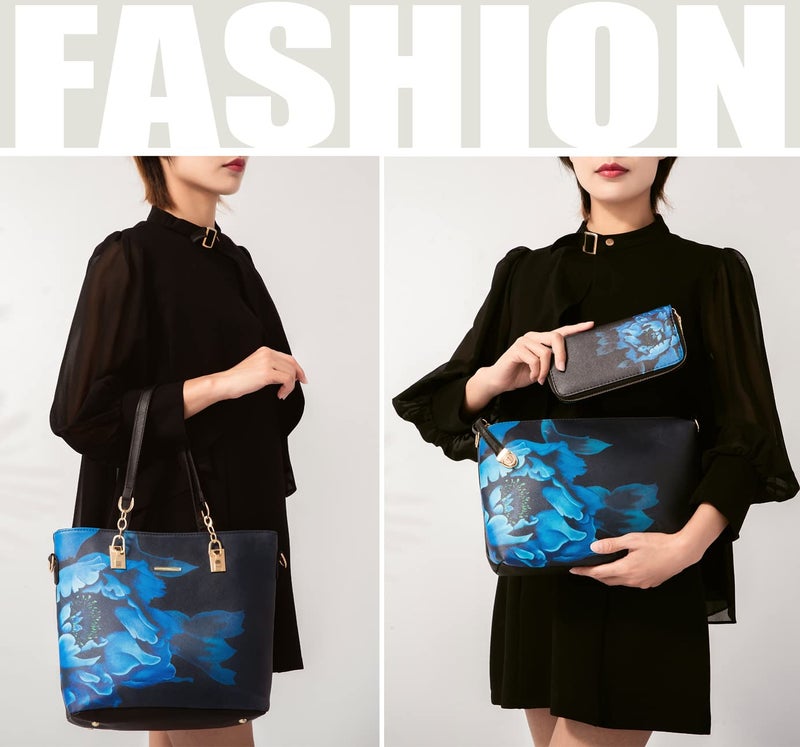 2E-youth Women Designer Purses And Handbags Set Satchel Shoulder Bags Tote Bags 6pcs Wallets (black&blue) - Image 5
